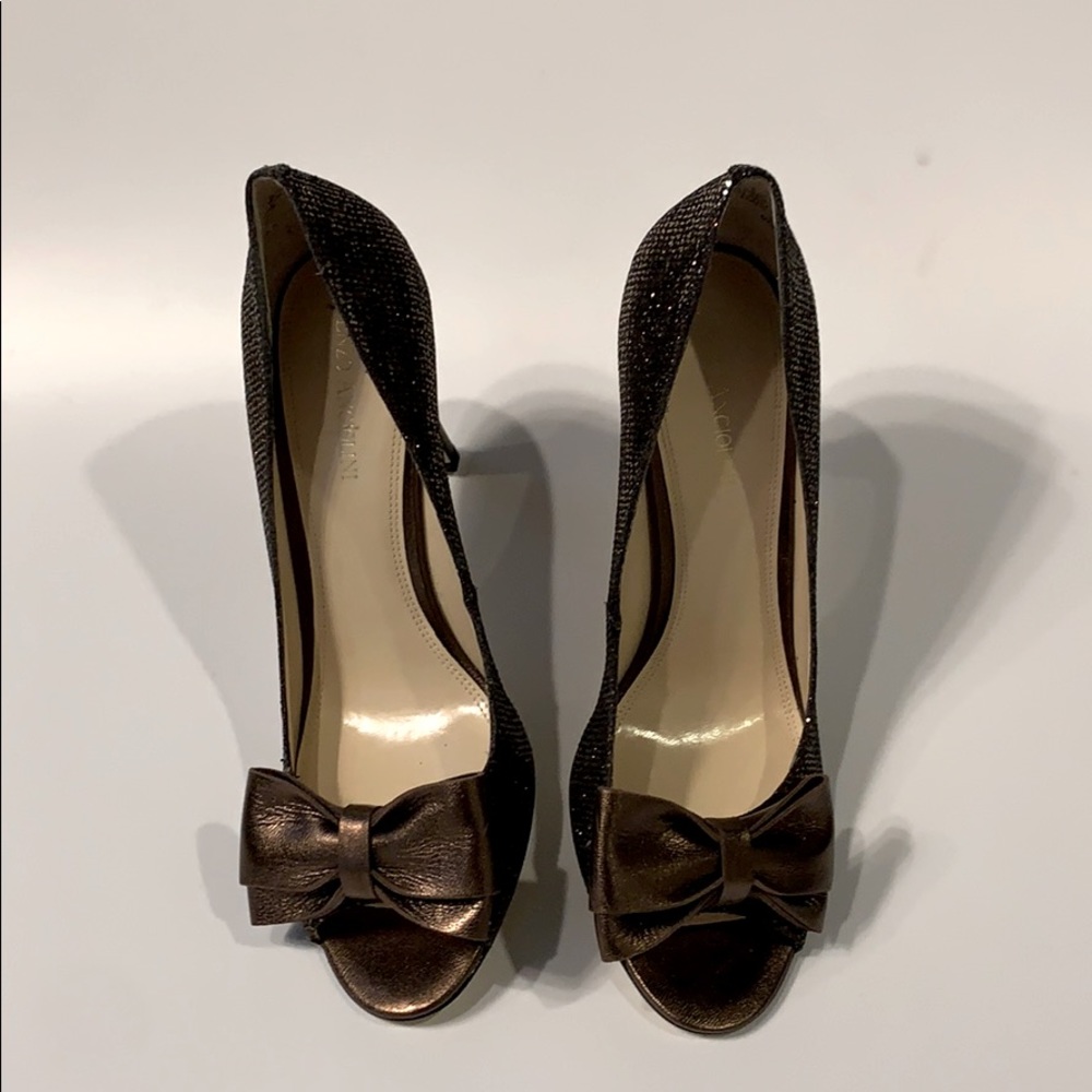 Enzo Angiolini Brown Glitter Bow Open Toe Pumps